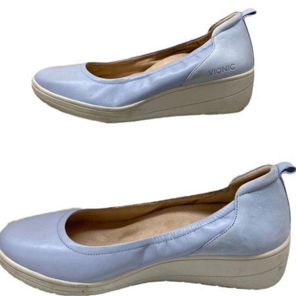 Vionic Jacey Orthaheel Navy Blue Gray Leather Wedge Slip On Shoe Size 11 - Picture 1 of 8